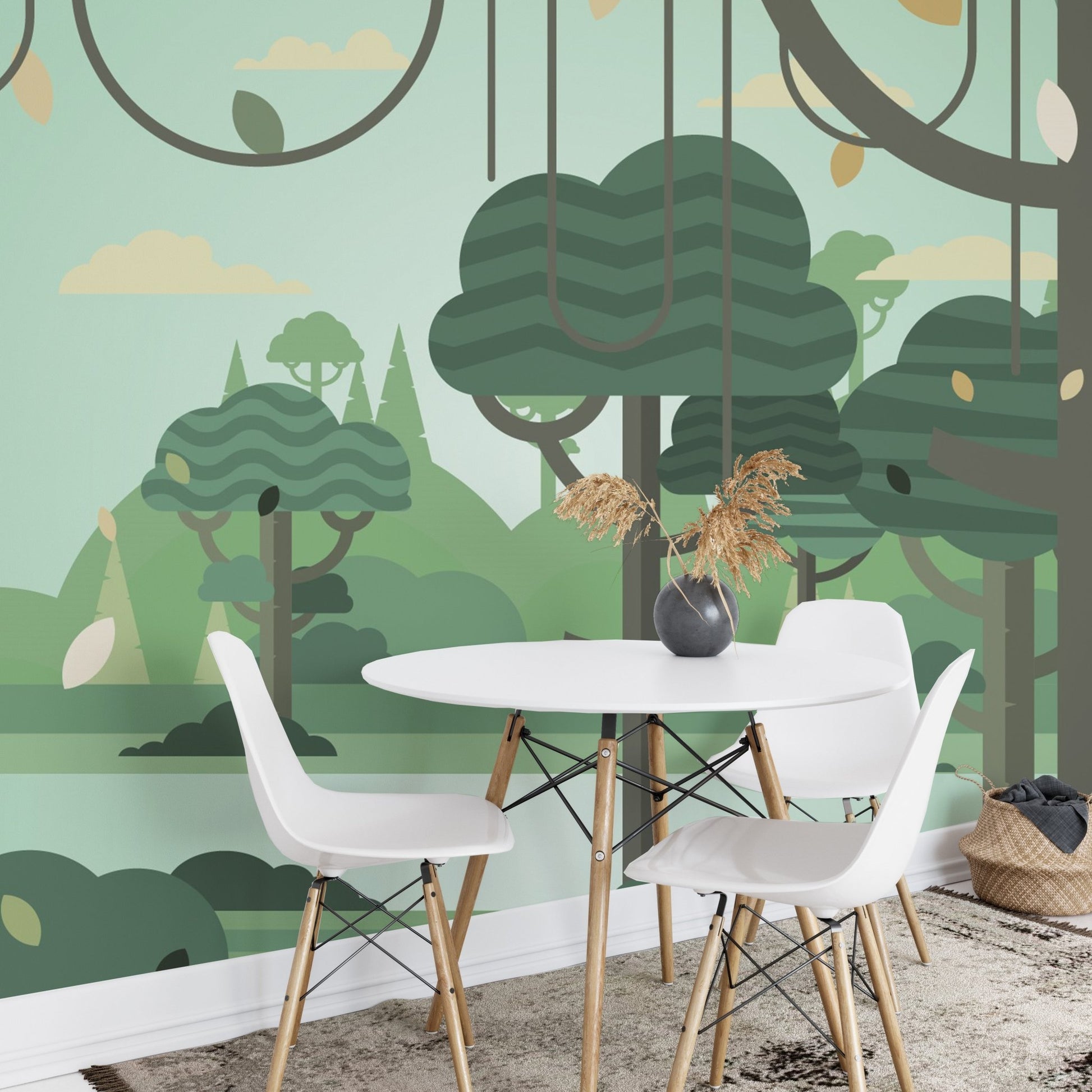 Dining area with a white table and forest botanical tree wall mural background.