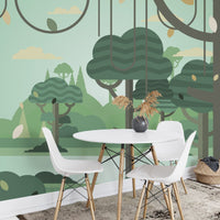 Dining area with a white table and forest botanical tree wall mural background.
