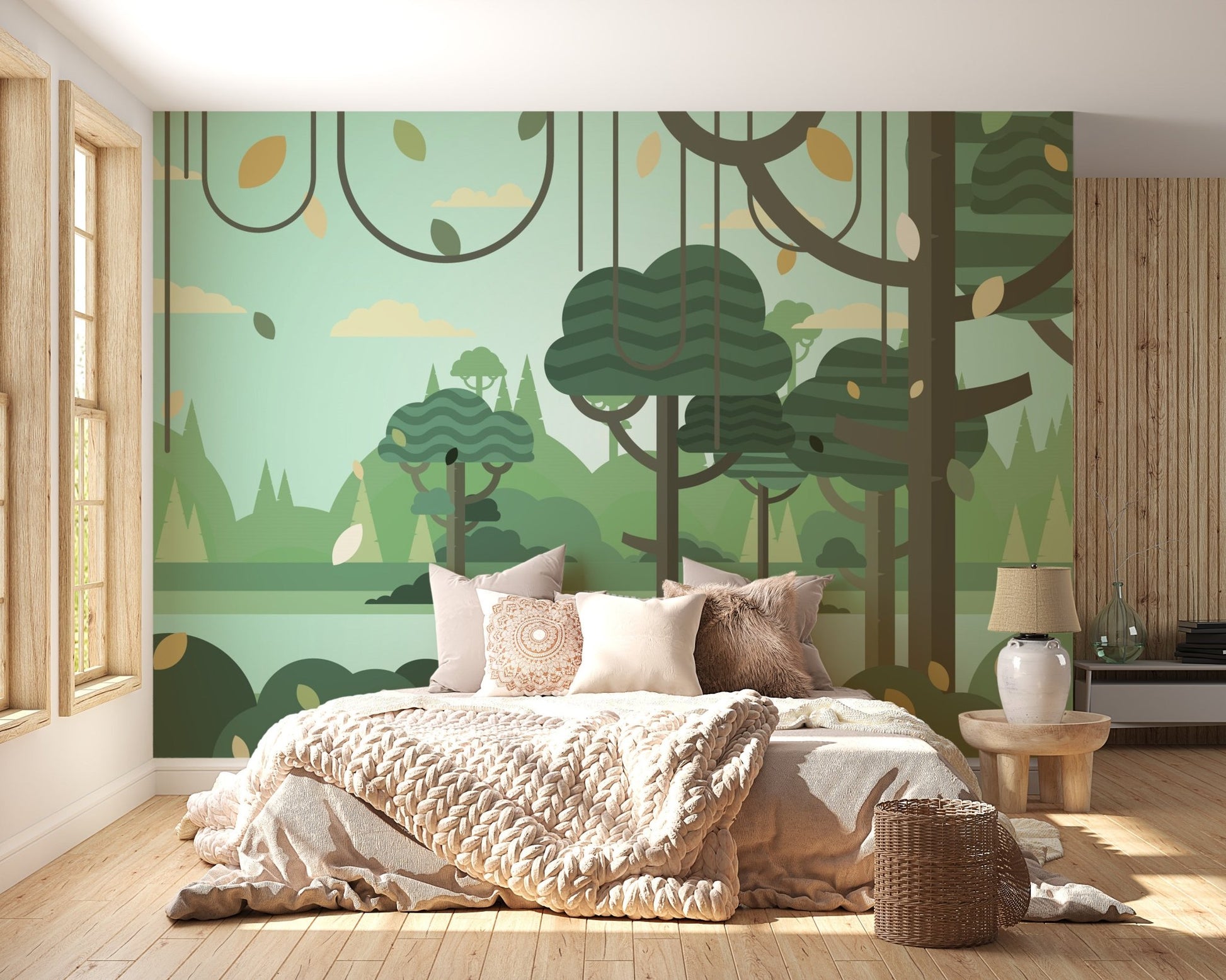 Bedroom featuring a large bed and Forest Botanical Tree Wall Mural.