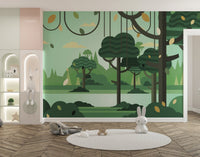 Green Silhouette Forest Wall Mural for Kid playroom.