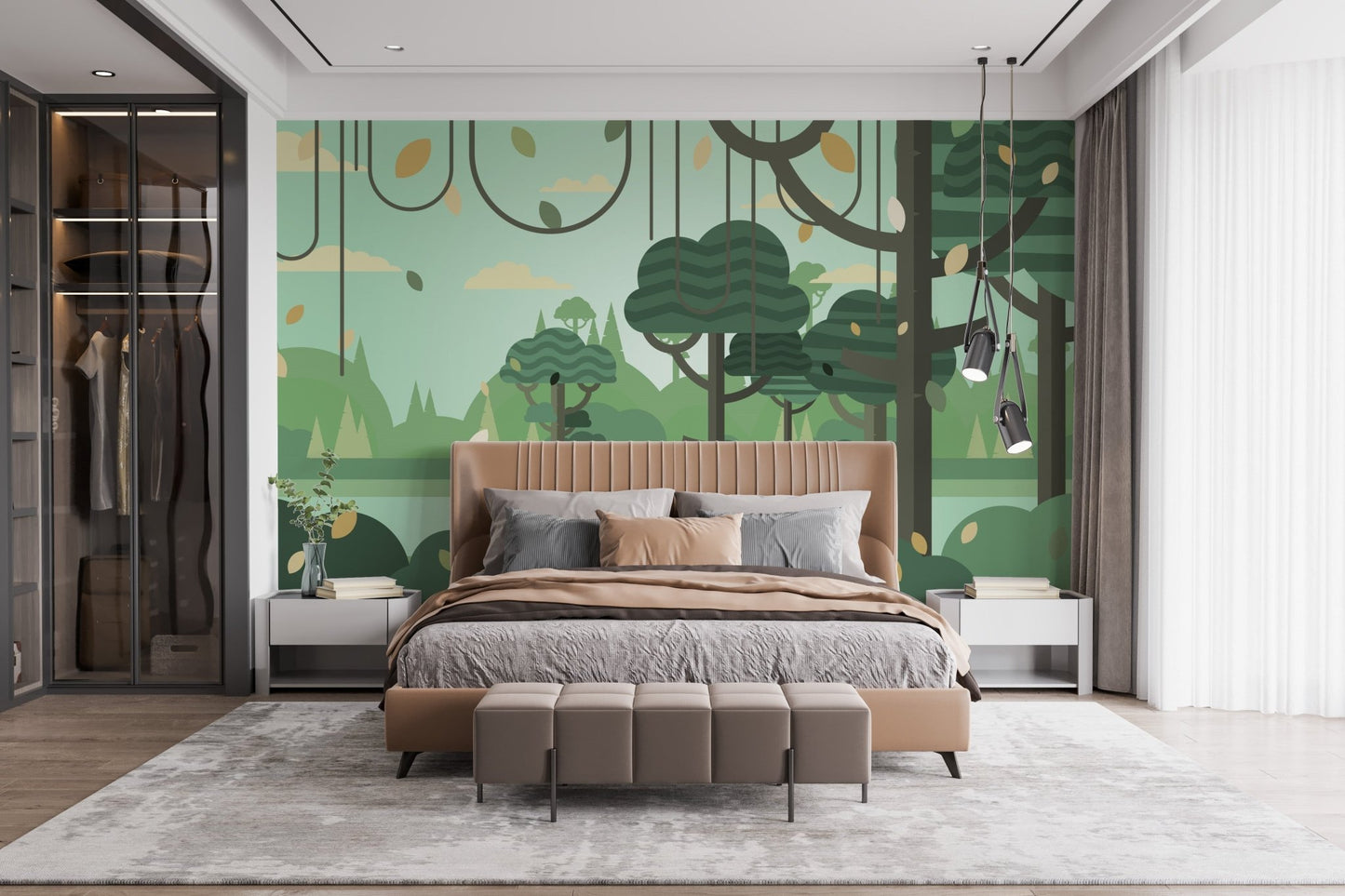 Master suite with dark wood wardrobes and sage green forest wall mural.