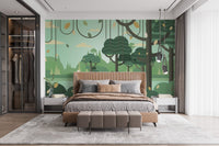 Master suite with dark wood wardrobes and sage green forest wall mural.