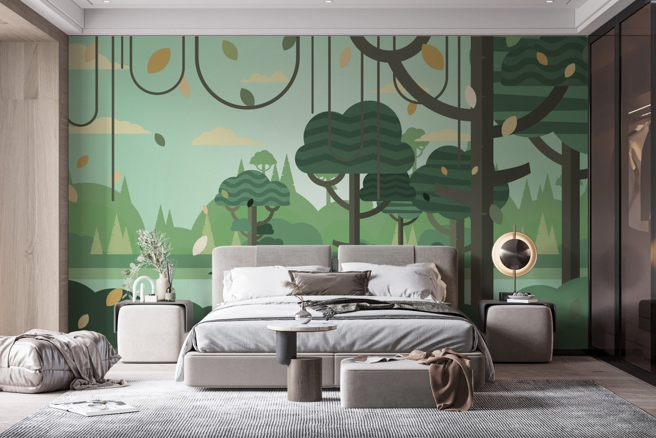 Minimalist bedroom with grey bedding and forest wall mural with vine details.