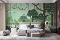 Minimalist bedroom with grey bedding and forest wall mural with vine details.