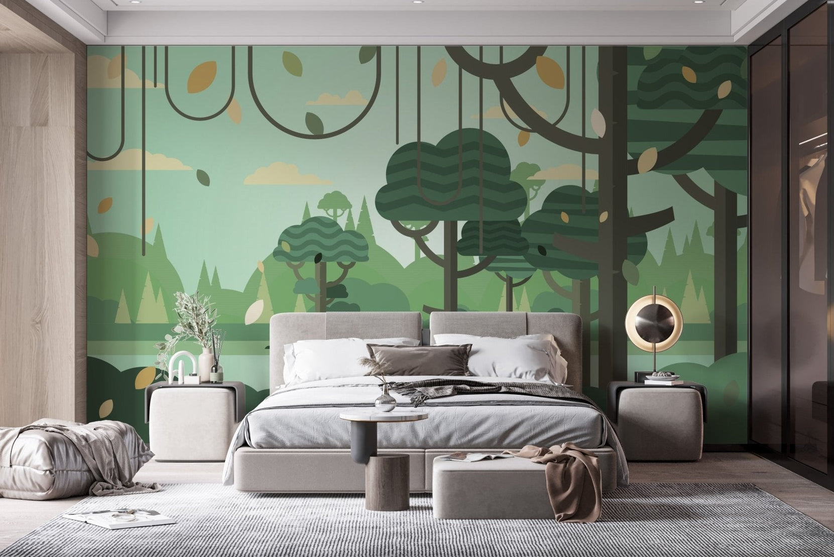 Minimalist bedroom with grey bedding and forest wall mural with vine details.