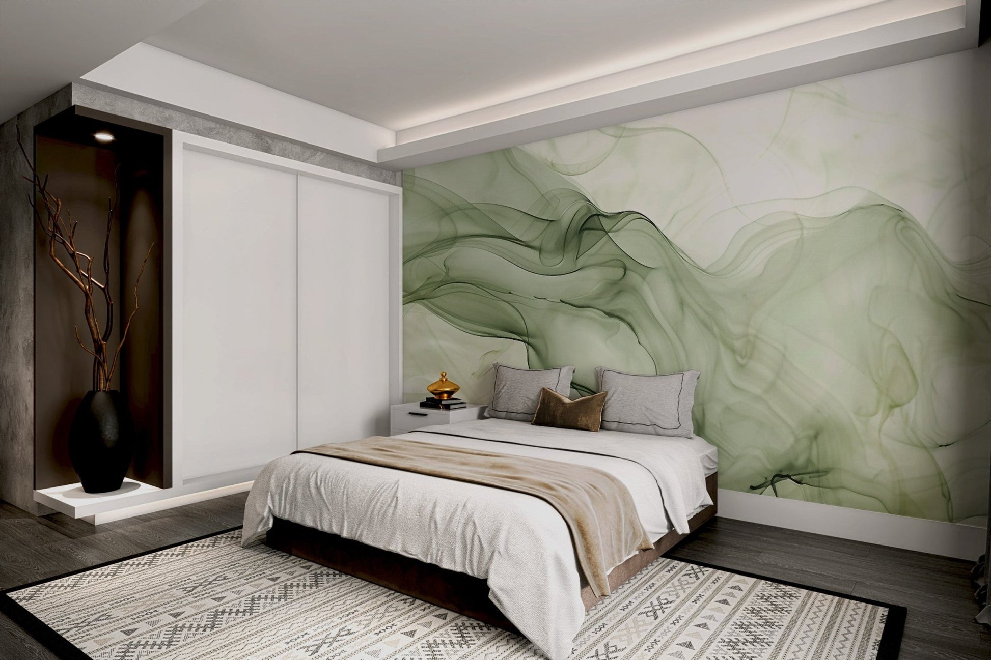 Sage green organic smoke flow wall mural for a minimalist bedroom.