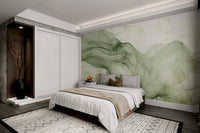 Sage green organic smoke flow wall mural for a minimalist bedroom.