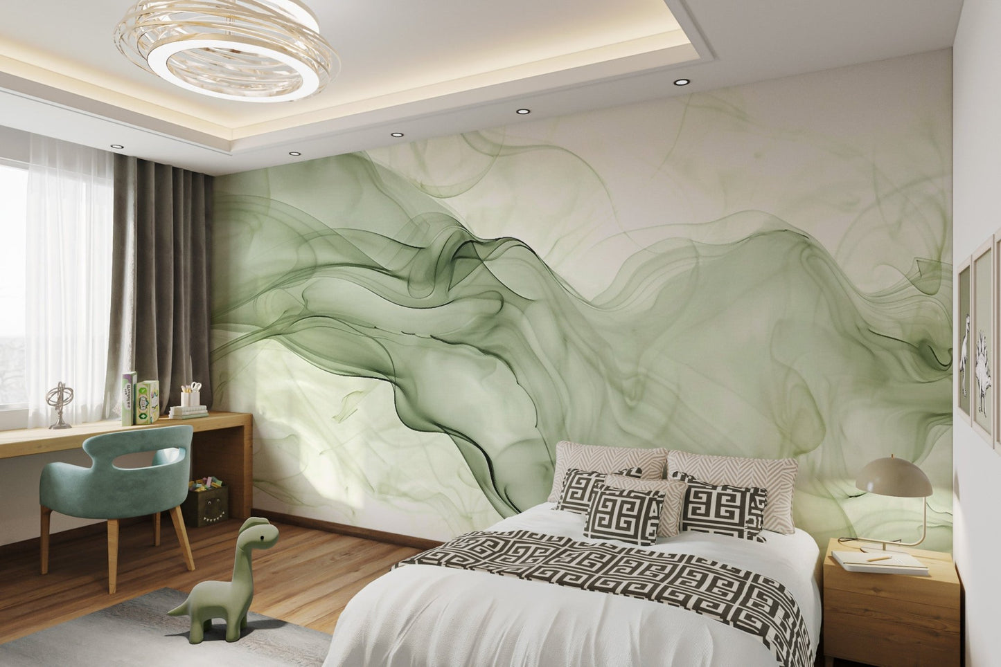 Wispy sage green smoke pattern wall mural for a modern kids bedroom.