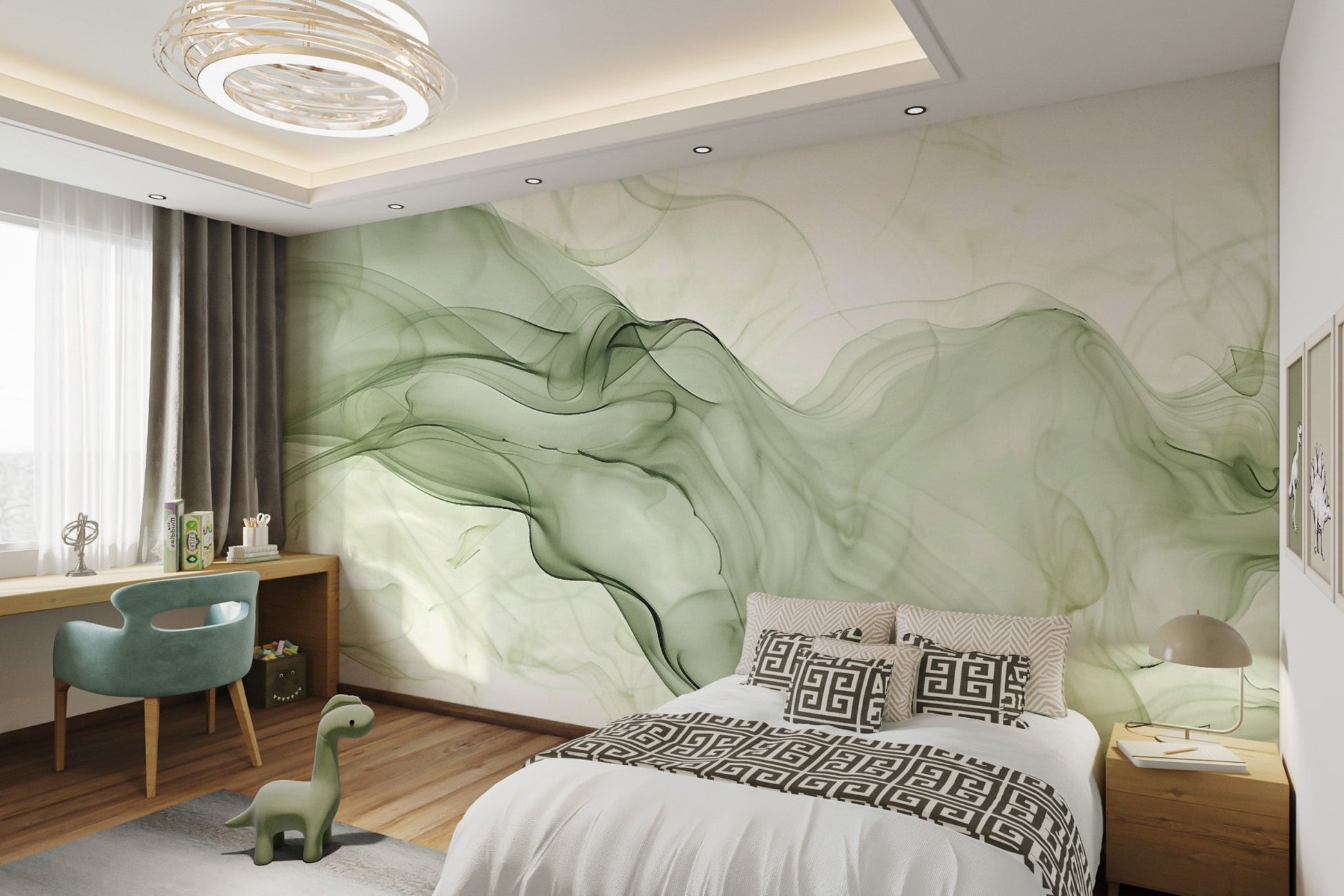 Wispy sage green smoke pattern wall mural for a modern kids bedroom.