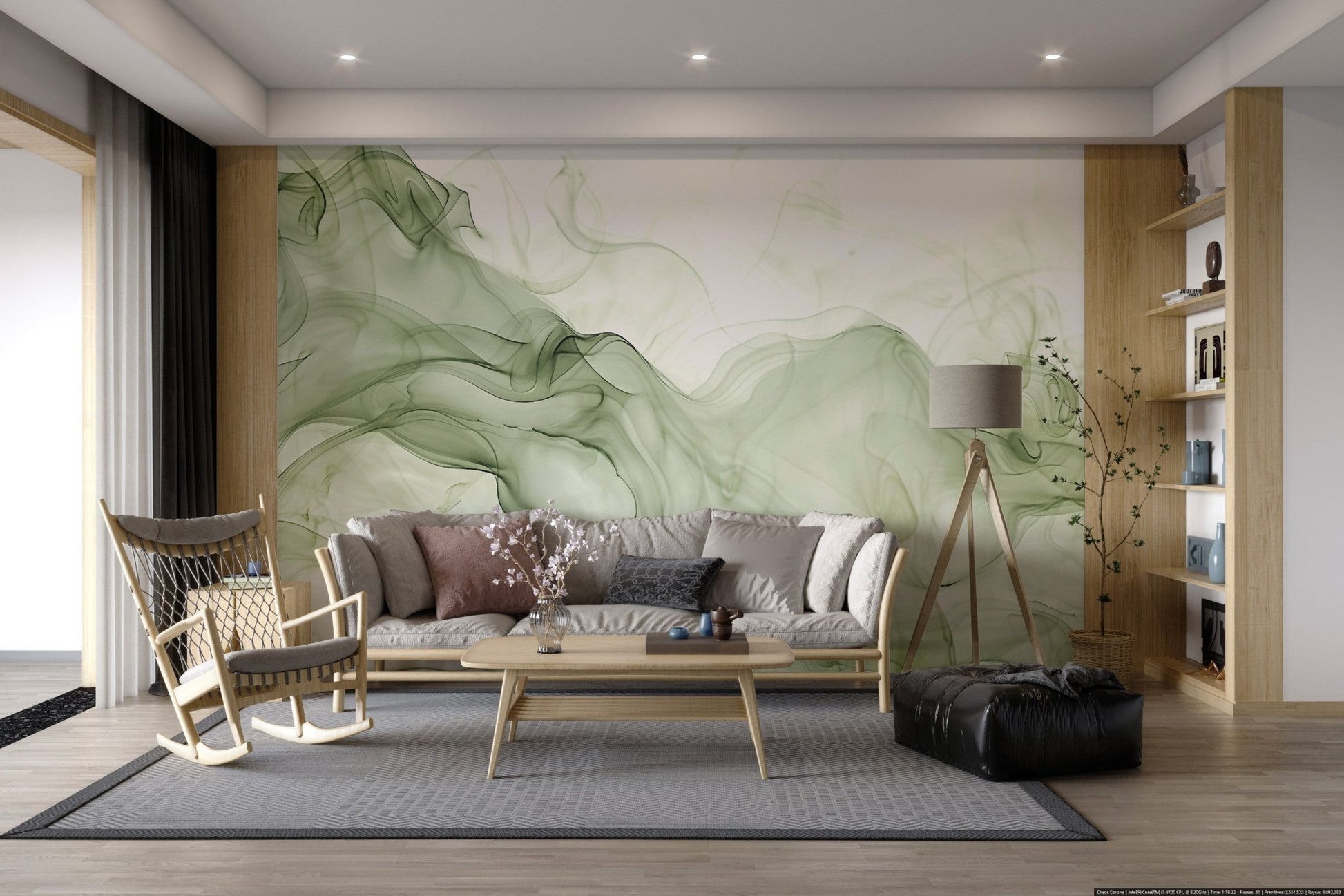 Abstract fluid smoke art in shades of olive green wall mural for living space.