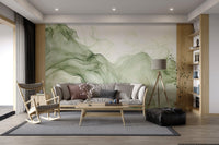 Abstract fluid smoke art in shades of olive green wall mural for living space.