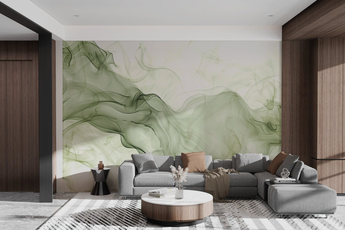 Abstract olive green trails on white background wall mural for living room.