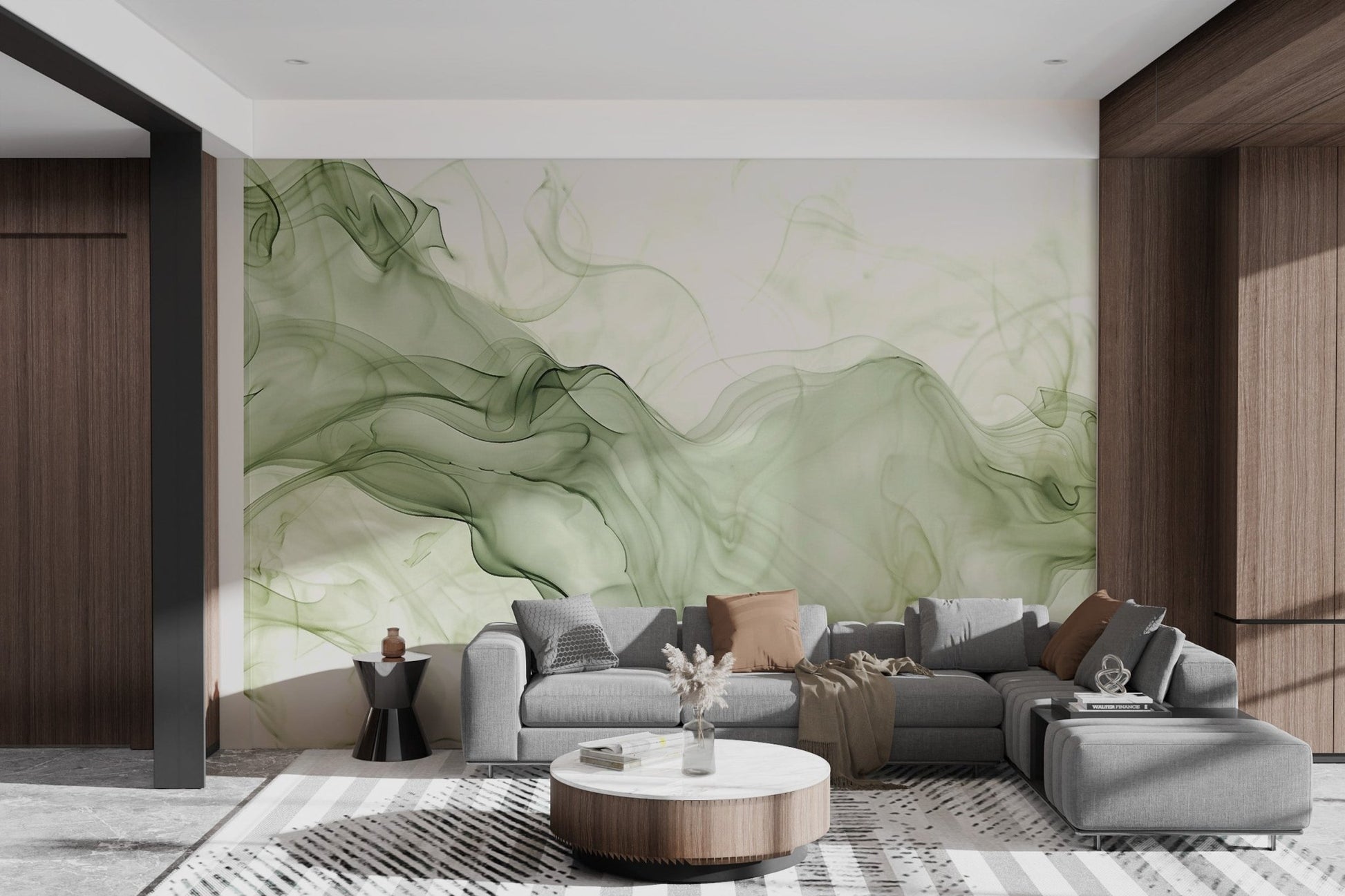 Abstract olive green trails on white background wall mural for living room.
