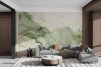 Abstract olive green trails on white background wall mural for living room.