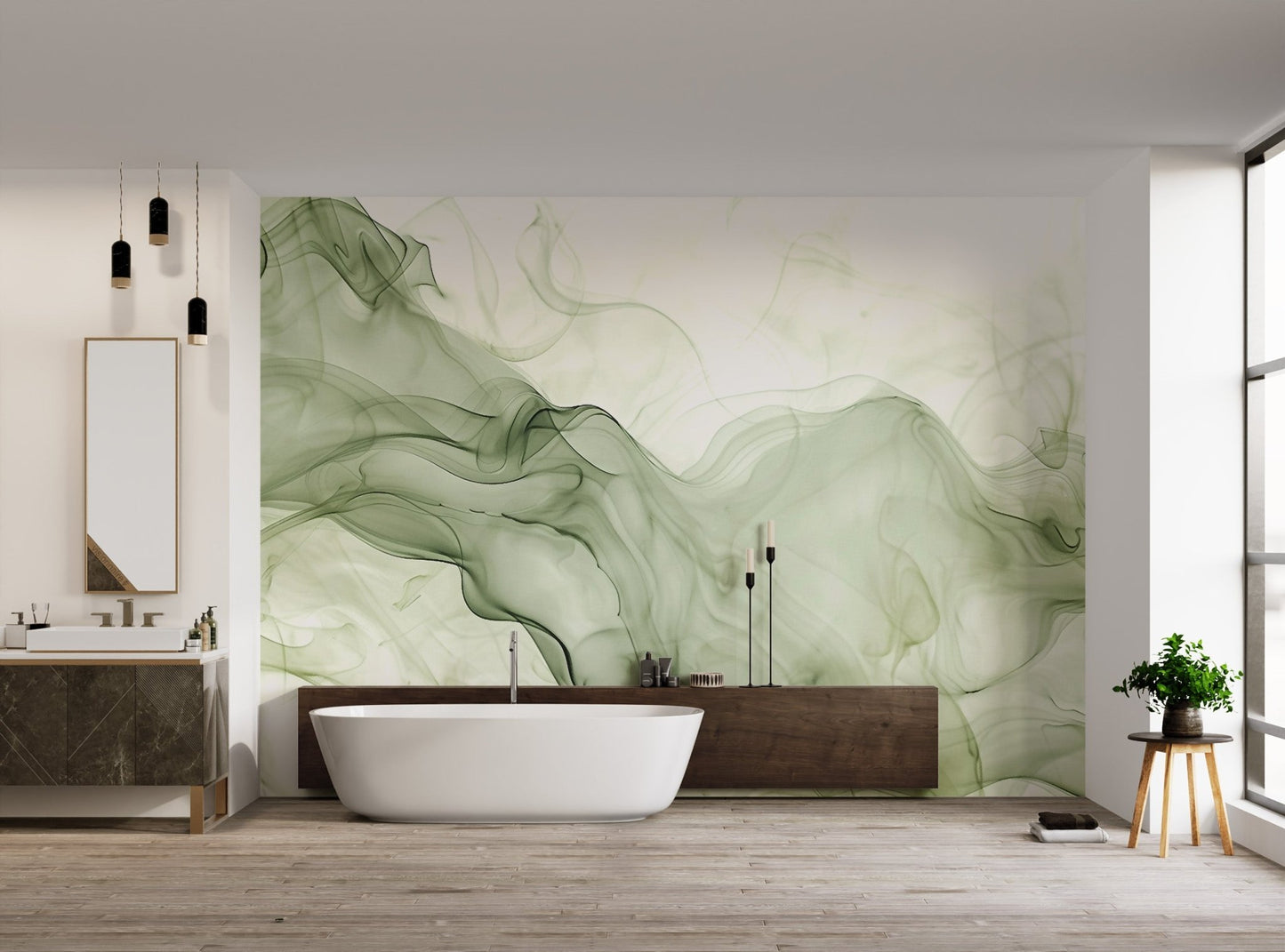 Translucent olive green smoke trails on white canvas wall mural for bathroom.