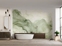 Translucent olive green smoke trails on white canvas wall mural for bathroom.