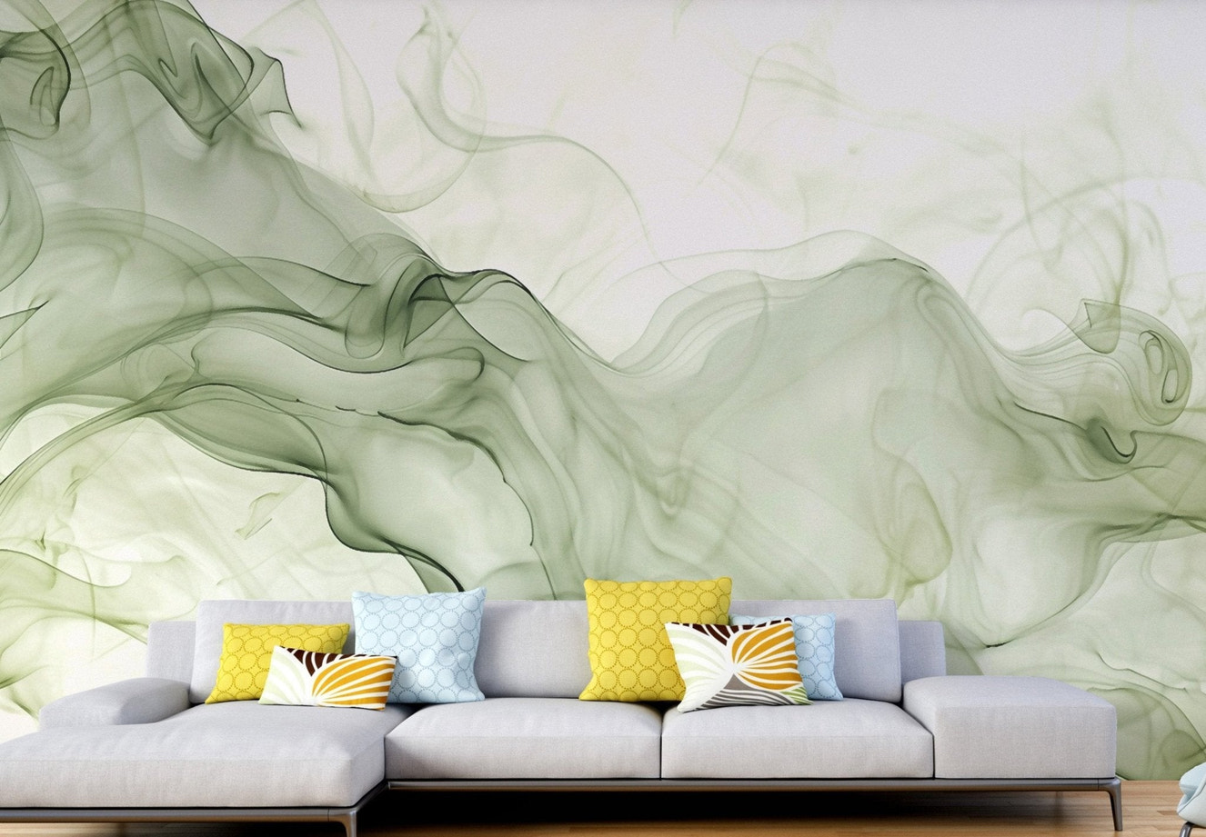 Minimalist green smoke wall mural for a contemporary living room.