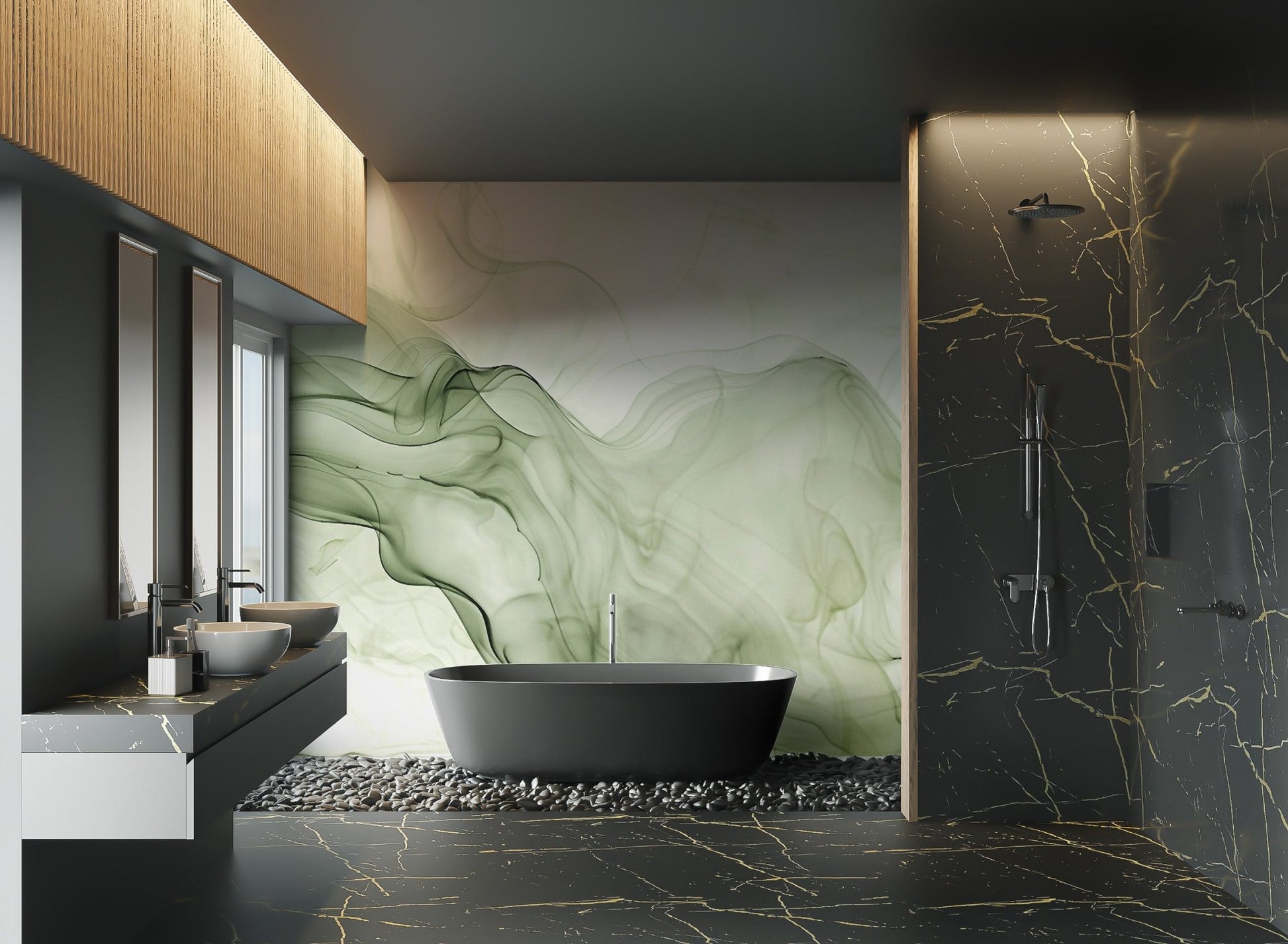 Abstract green smoke wall mural with wispy moss green color tones.
