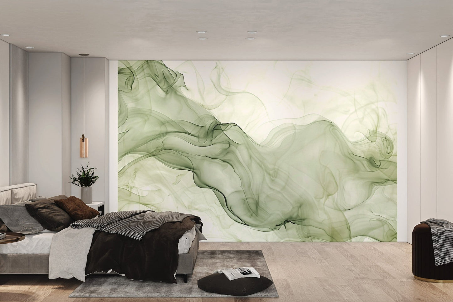 Ethereal green smoke wall mural for modern bedroom.
