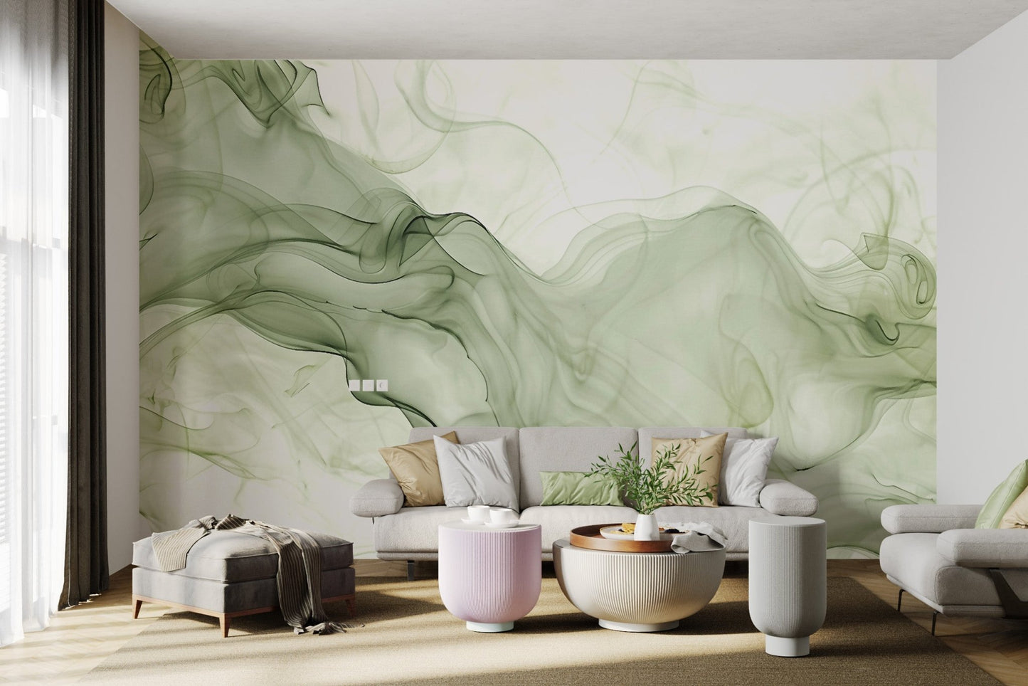 Contemporary green smoke wall mural featuring flowing smoke trails.