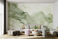 Contemporary green smoke wall mural featuring flowing smoke trails.