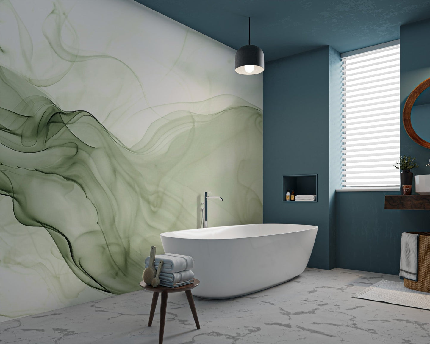 Flowing moss green smoke design on a bright white surface wall mural.