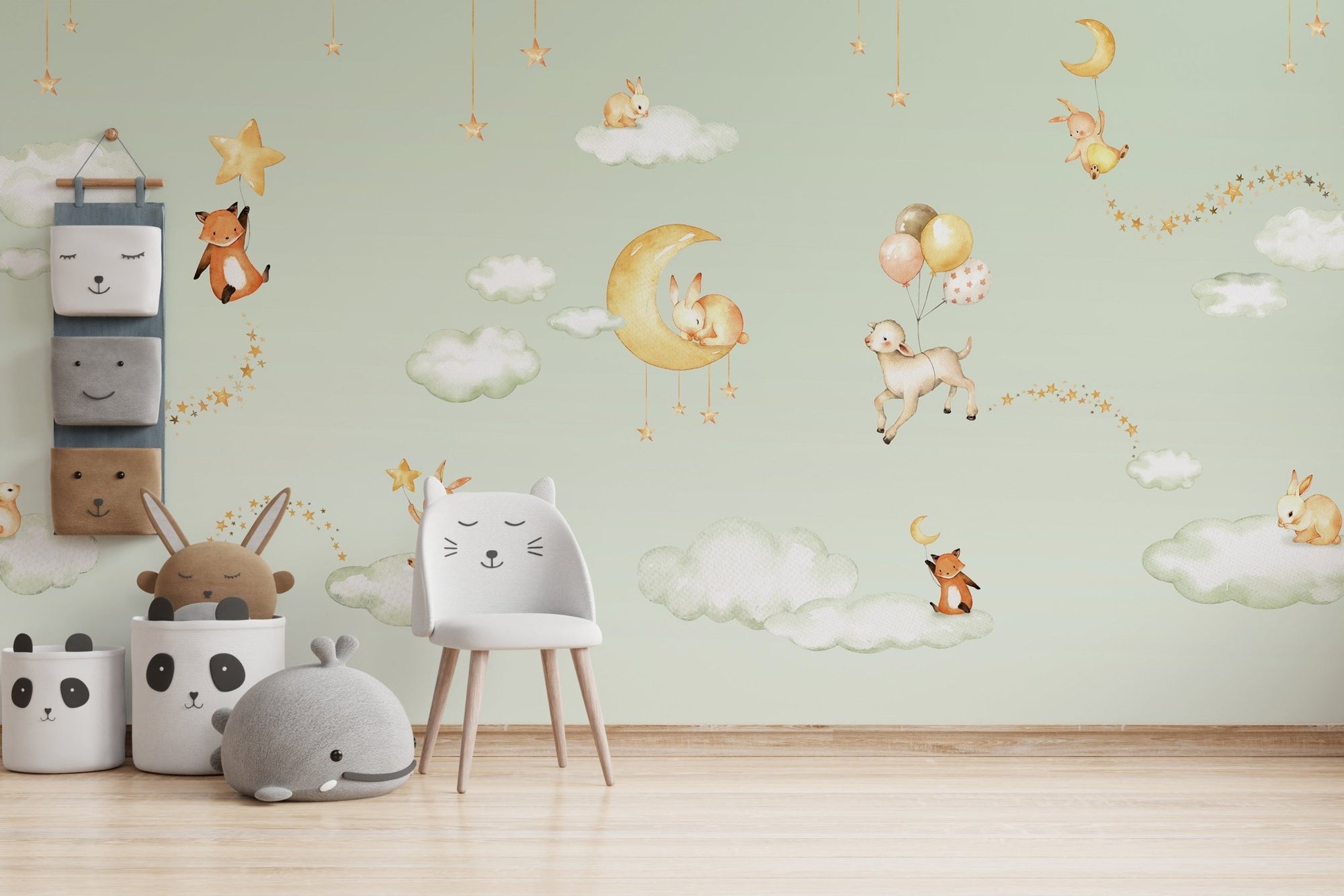 Green sweet dreams wallpaper for kids room with watercolor bunny on cloud.