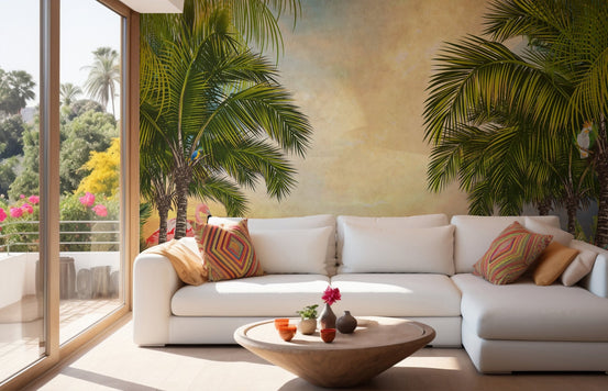 Green Tree Forest Sunset Wall Murals in a living area with a white l-shaped sofa.