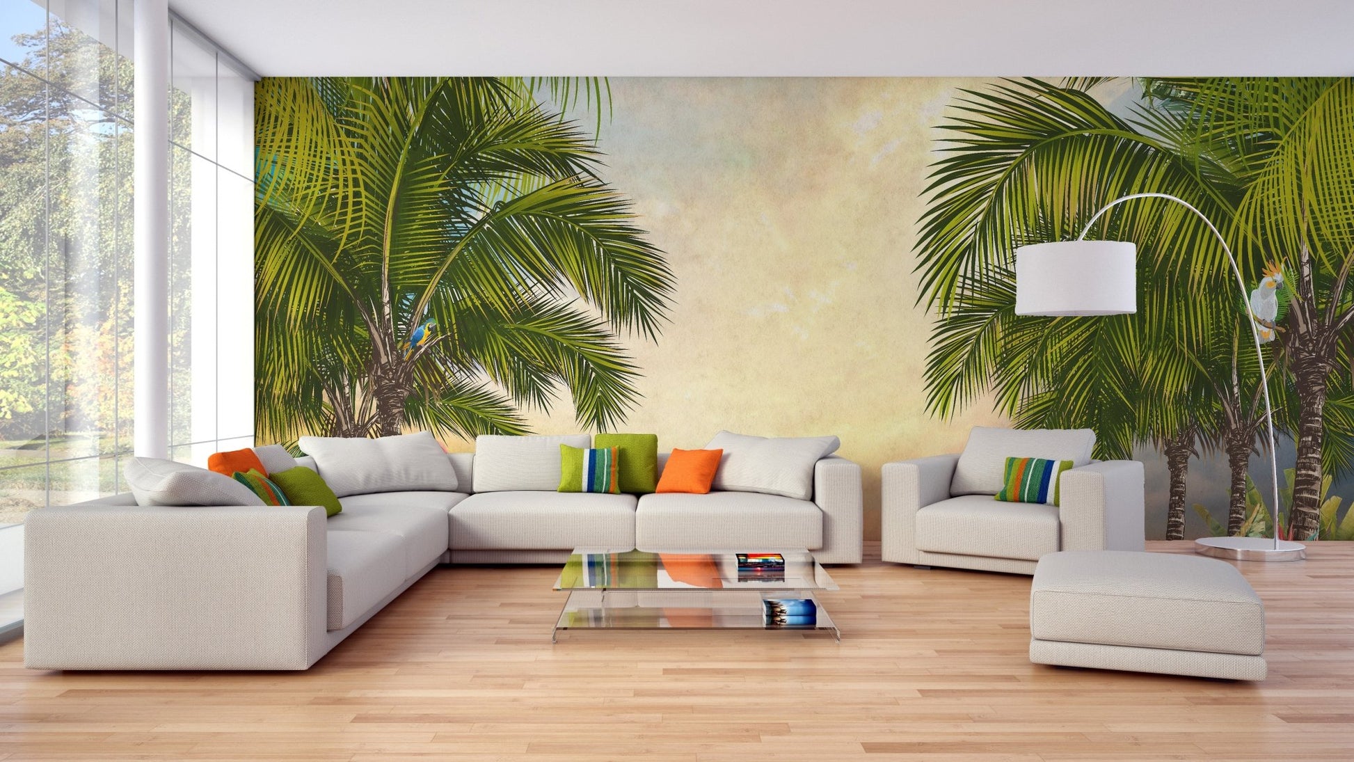 Tropical palm tree wall mural in a living room featuring a wooden coffee table.