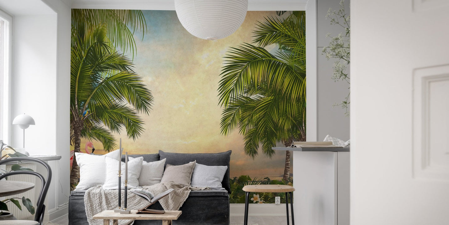 Green Tree Forest Sunset wall mural behind a large sectional sofa in a bright room.