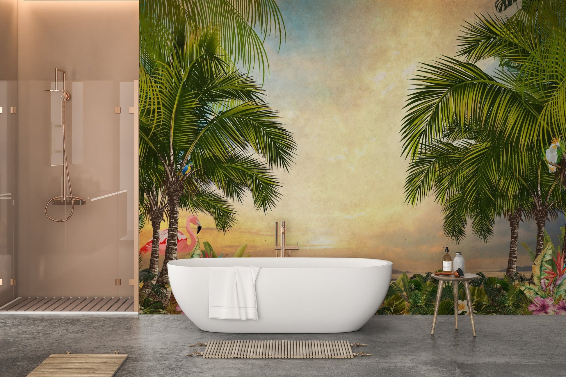 Green Tree Forest Sunset Wall Murals in a bathroom with a white soaking tub.