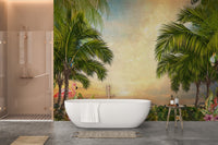 Green Tree Forest Sunset Wall Murals in a bathroom with a white soaking tub.