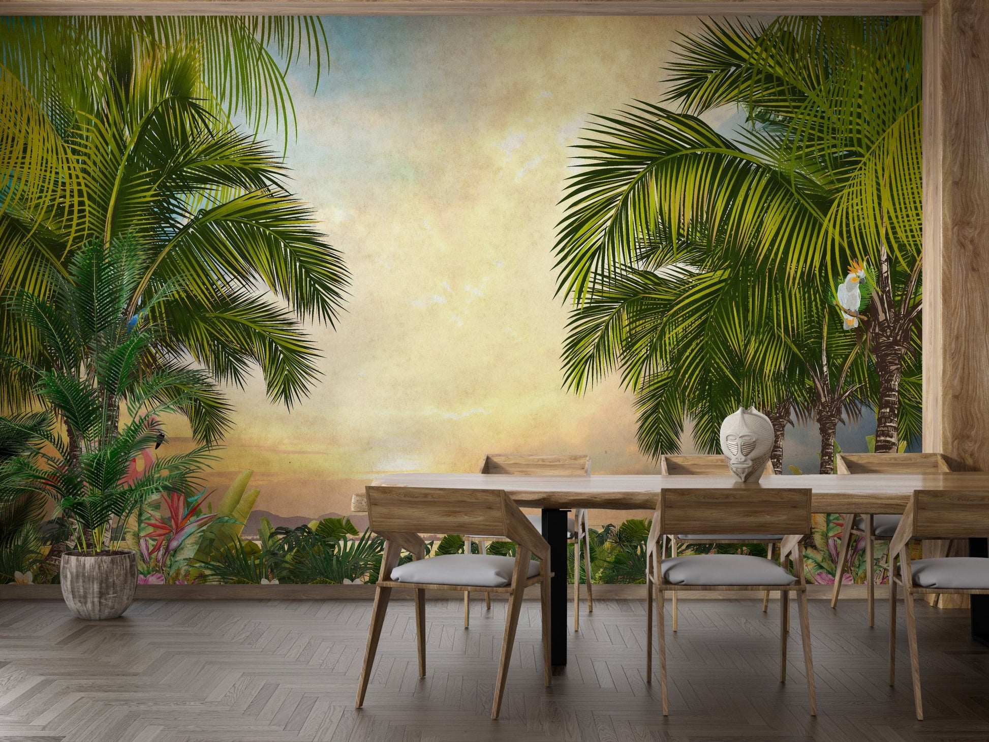 Green Tree Forest Sunset Wall Murals in a dining area with wooden chairs.