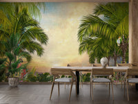 Green Tree Forest Sunset Wall Murals in a dining area with wooden chairs.