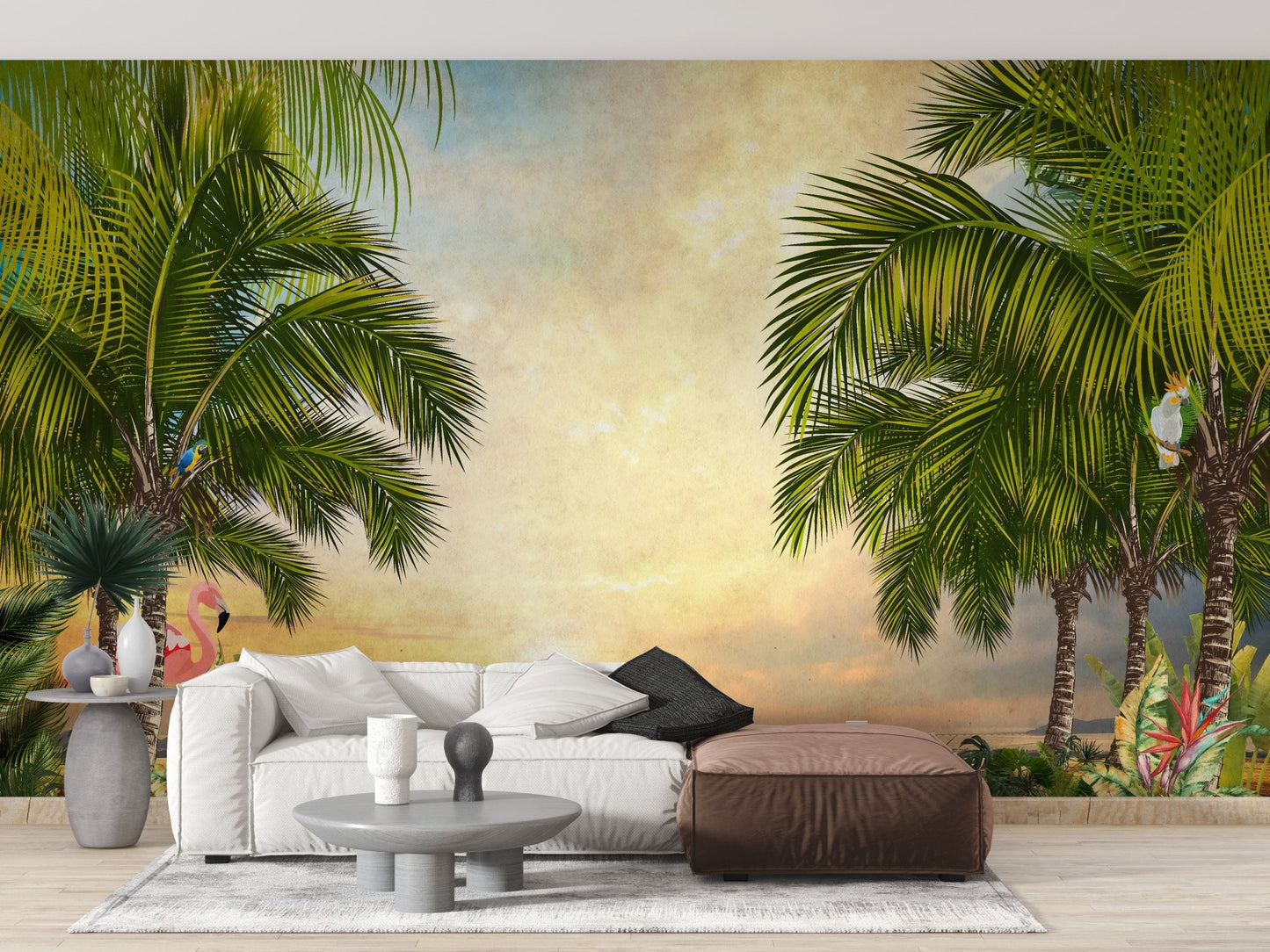 Tropical forest wall mural in a contemporary living space with an orange accent pillow.