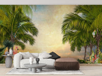 Tropical forest wall mural in a contemporary living space with an orange accent pillow.