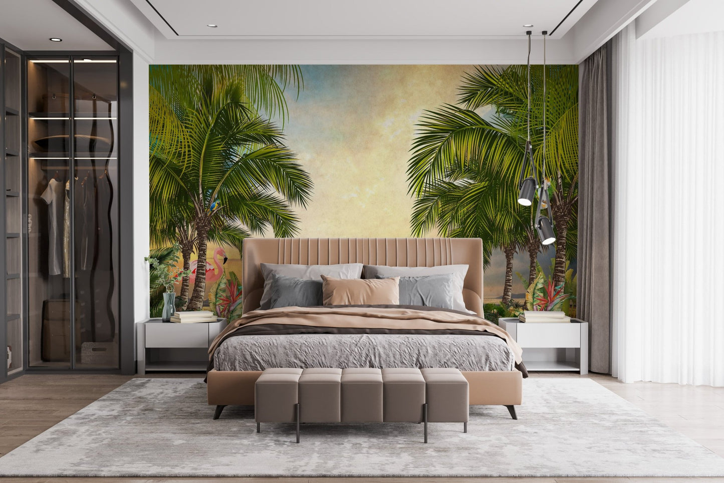 Tropical tree wall mural in a luxury bedroom with a brown upholstered headboard.