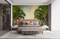 Tropical tree wall mural in a luxury bedroom with a brown upholstered headboard.