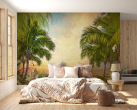 Green Tree Forest Sunset wall mural in a bedroom with beige linens and side tables.