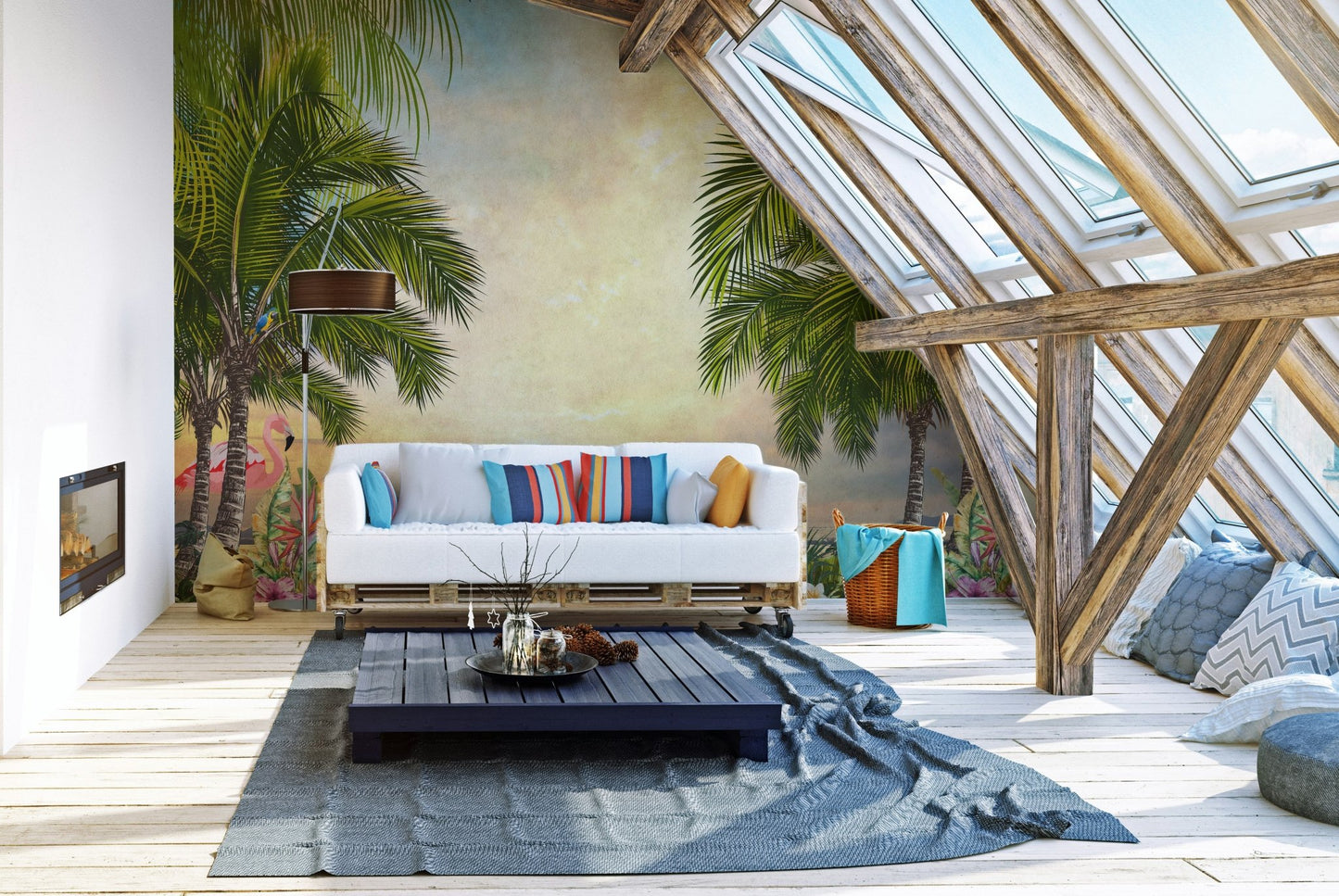 Sunset palm tree wall mural in an attic room with wooden beams and skylights.