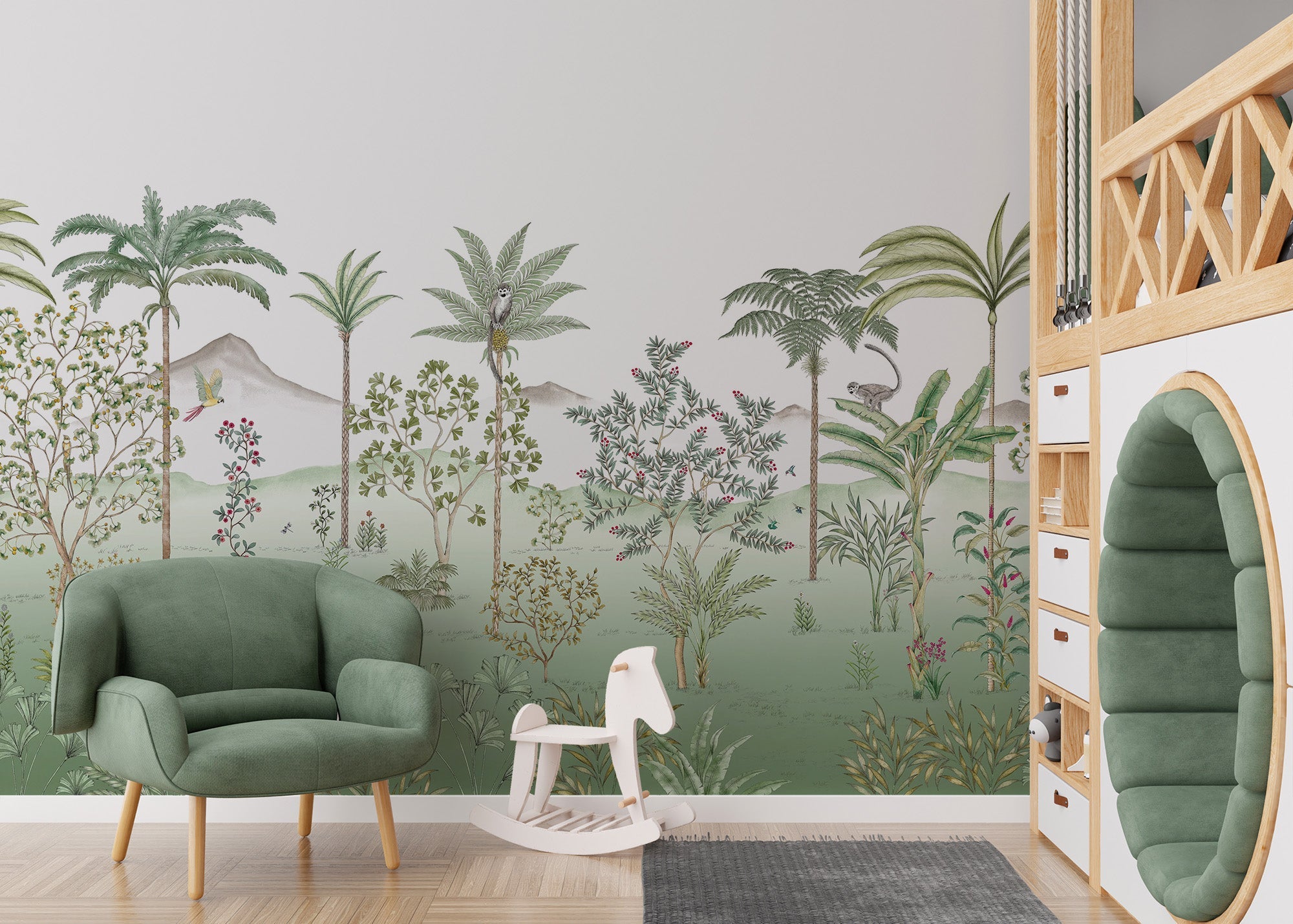 Green tropical chinoiserie wallpaper with palm trees and soft mountain peaks.