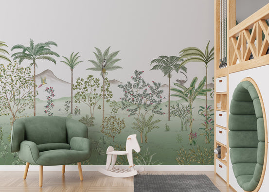 Green tropical chinoiserie wallpaper with palm trees and soft mountain peaks.