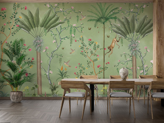 Sage green botanical wallpaper featuring hand-painted monkeys and exotic birds mural.