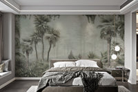 Grey and green palm tree mural for bedroom accent walls.