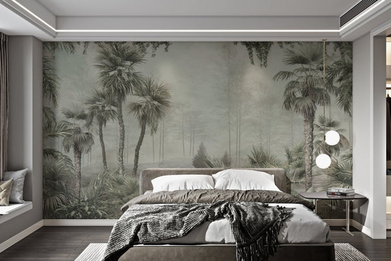 Grey and green palm tree mural for bedroom accent walls.