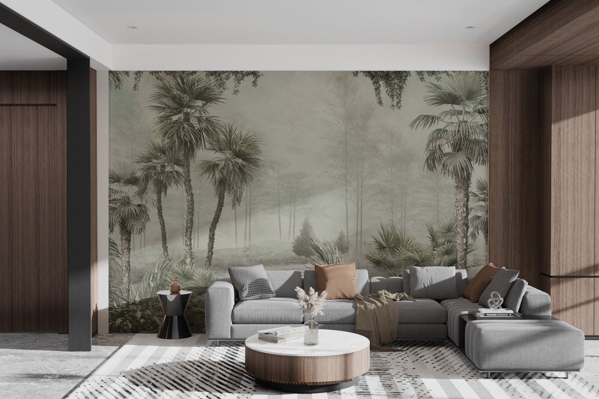 Soft green tropical tree wall mural for sunlit living room.