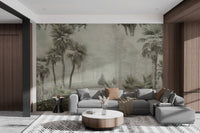 Soft green tropical tree wall mural for sunlit living room.