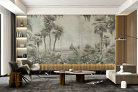 Vintage style tropical forest mural featuring palm leaf patterns.