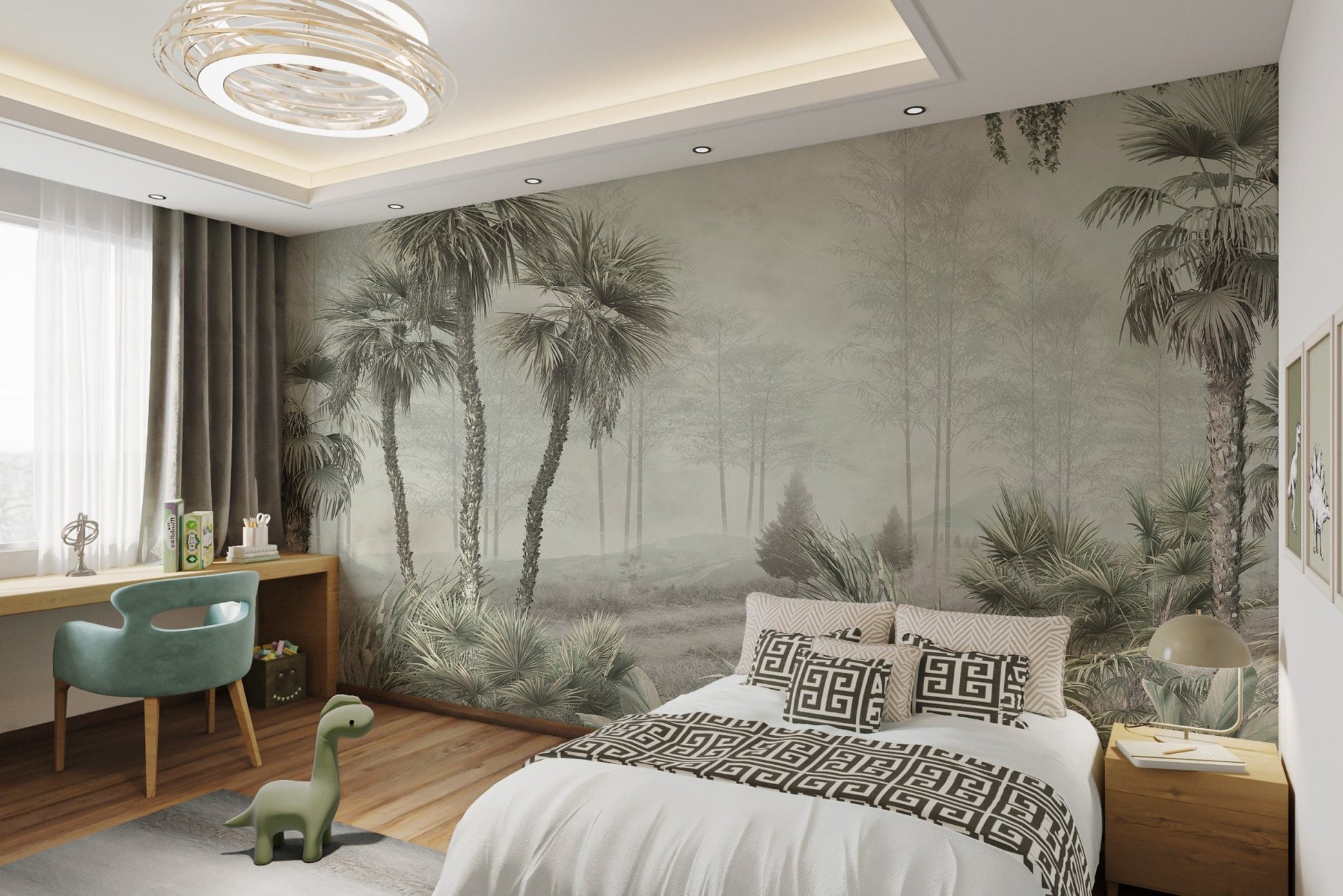 Beige tropical foliage mural for peaceful  bedroom interiors.