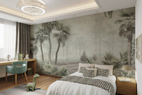 Beige tropical foliage mural for peaceful  bedroom interiors.